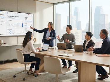 Executives and digital specialists collaborating in a bright, modern institutional boardroom.